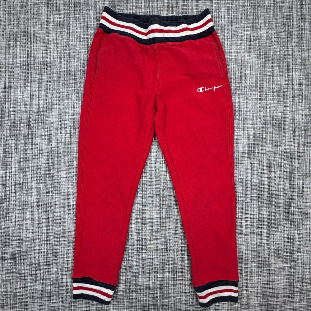 Champion Womens Medium Reverse Weave Red Jogger Sweatpants Striped Rib Trim